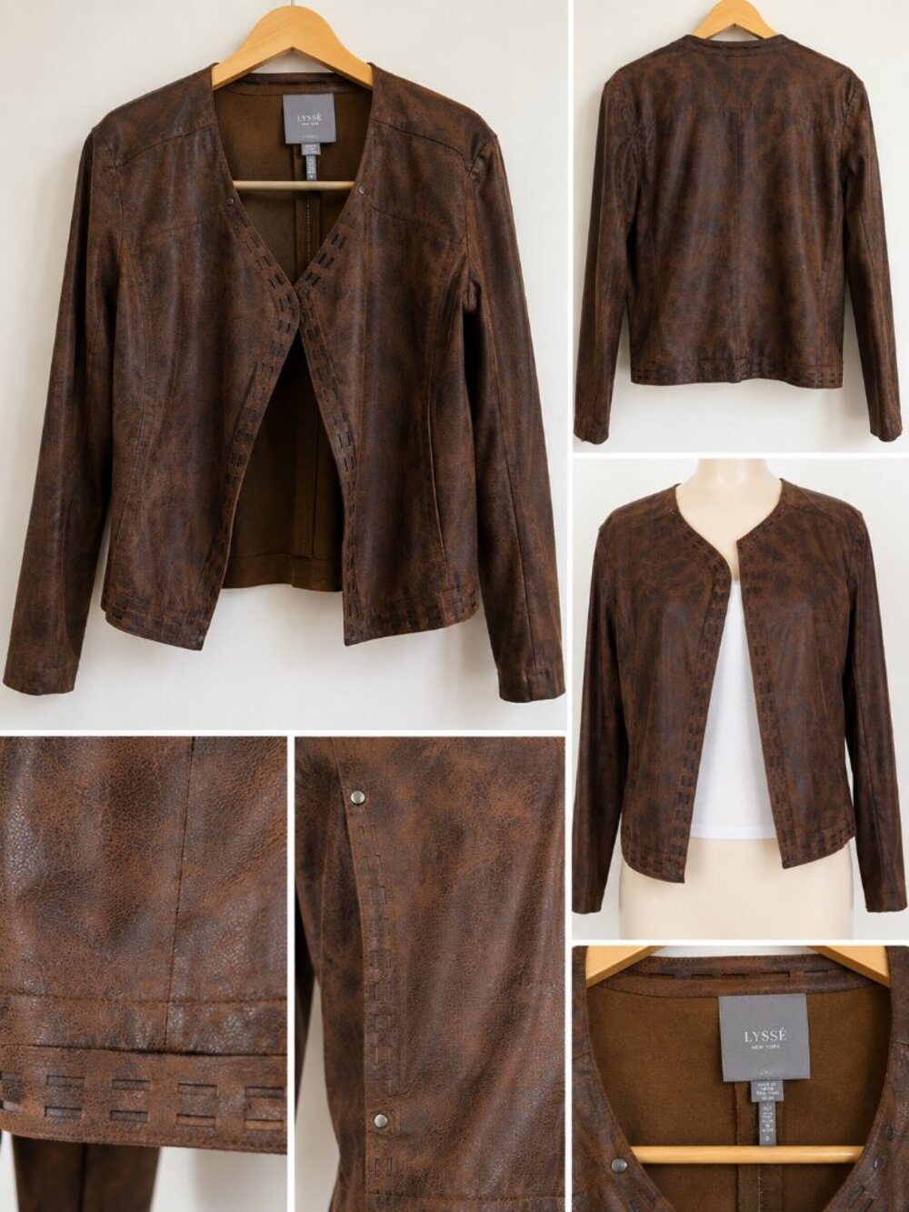 Lyssé Brown Distressed Faux Leather Moto Jacket Size M